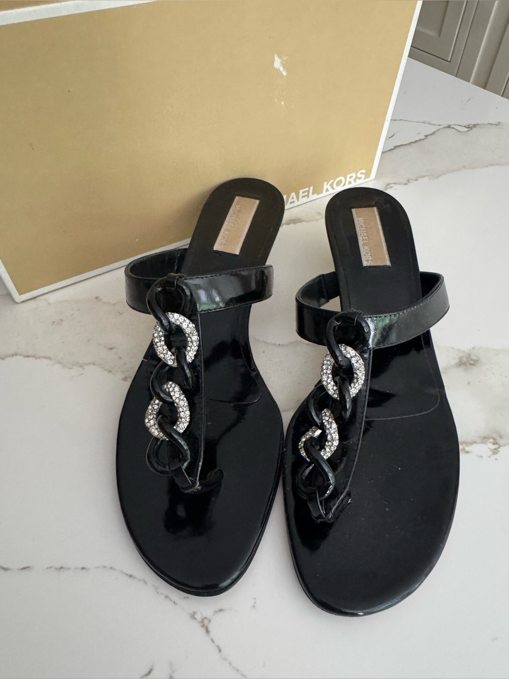 Michael Kors Breakers Black Patent Sandals Crystal Chain Detail Retail $535